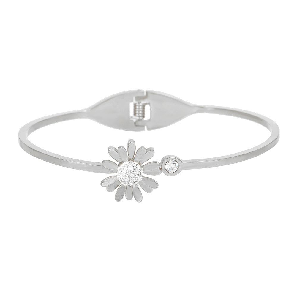 Fashion Floral Plant Rhinestone Inlay Plated Titanium Steel Open Cuff Bracelet for Women