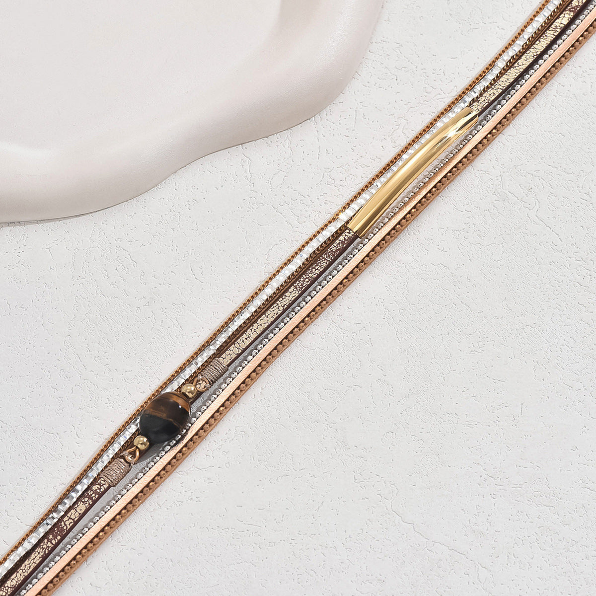 Pulsera de Cuero Geométrica Minimalista de Lujo para Mujer con Incrustaciones de Pedrería, Brazalete Apilable de Múltiples Capas