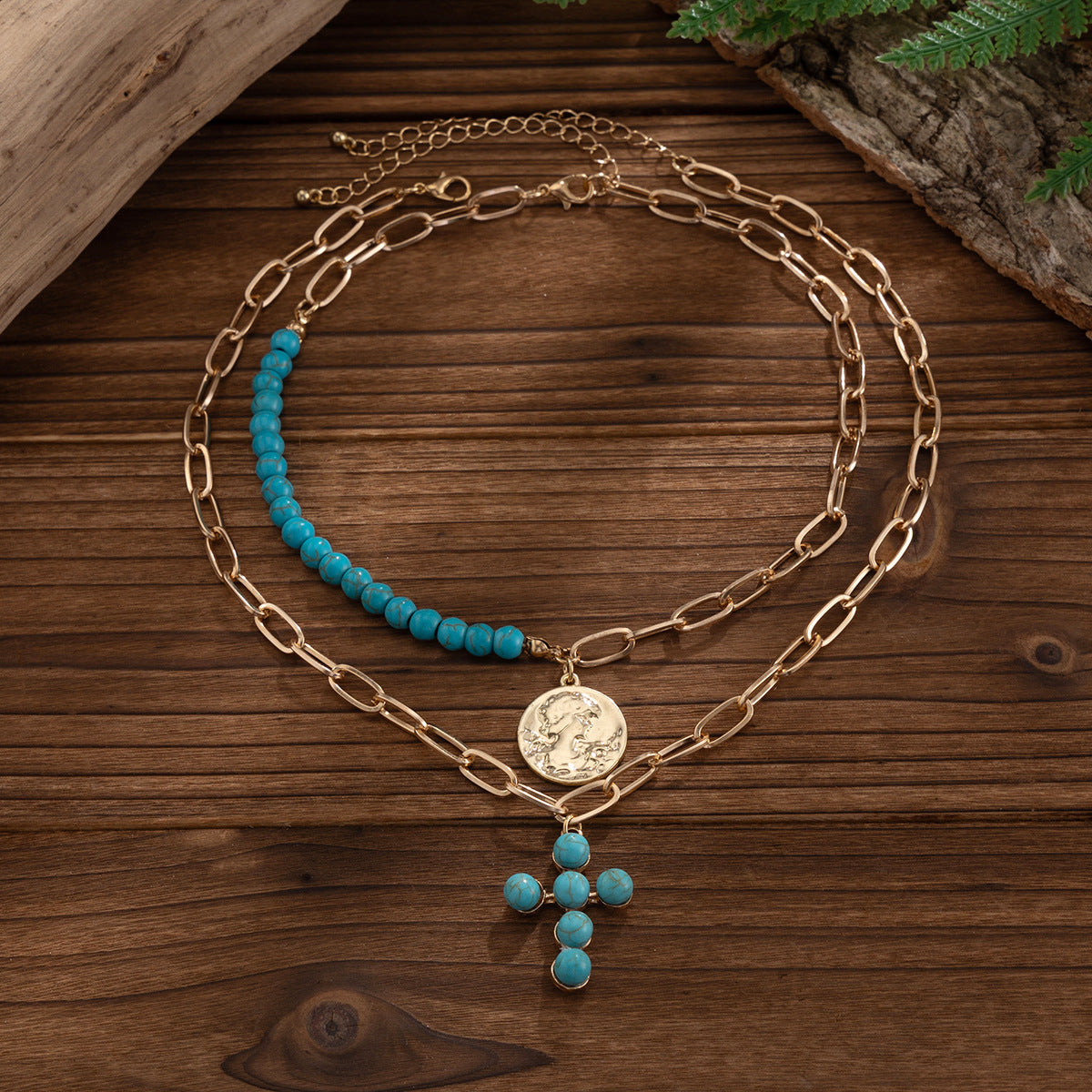 Elegant Gold Plated Geometric Star Pendant Alloy Necklace Set with Faux Turquoise Inlay for Women