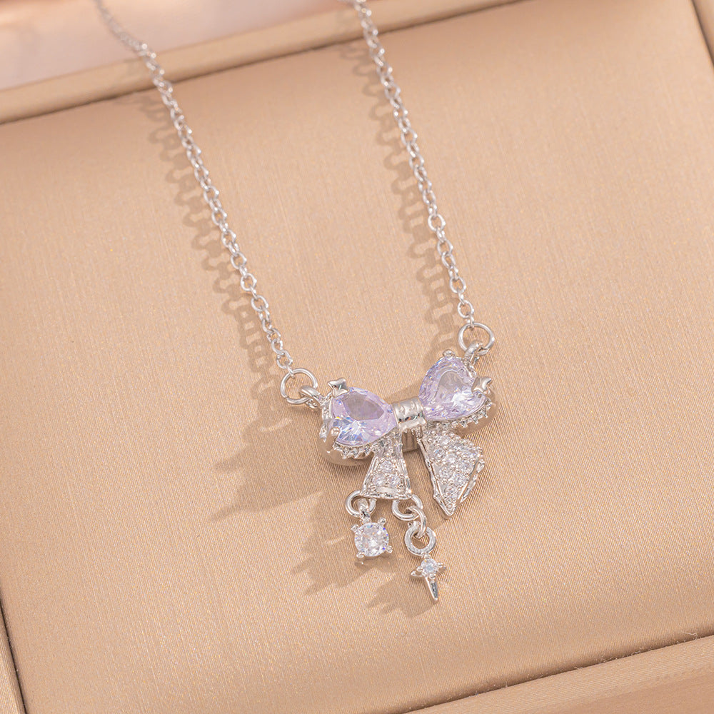 Luxury Bow-Shaped Zirconia Pendant Necklace for Women in Titanium Steel with Vacuum Plating and O-Chain