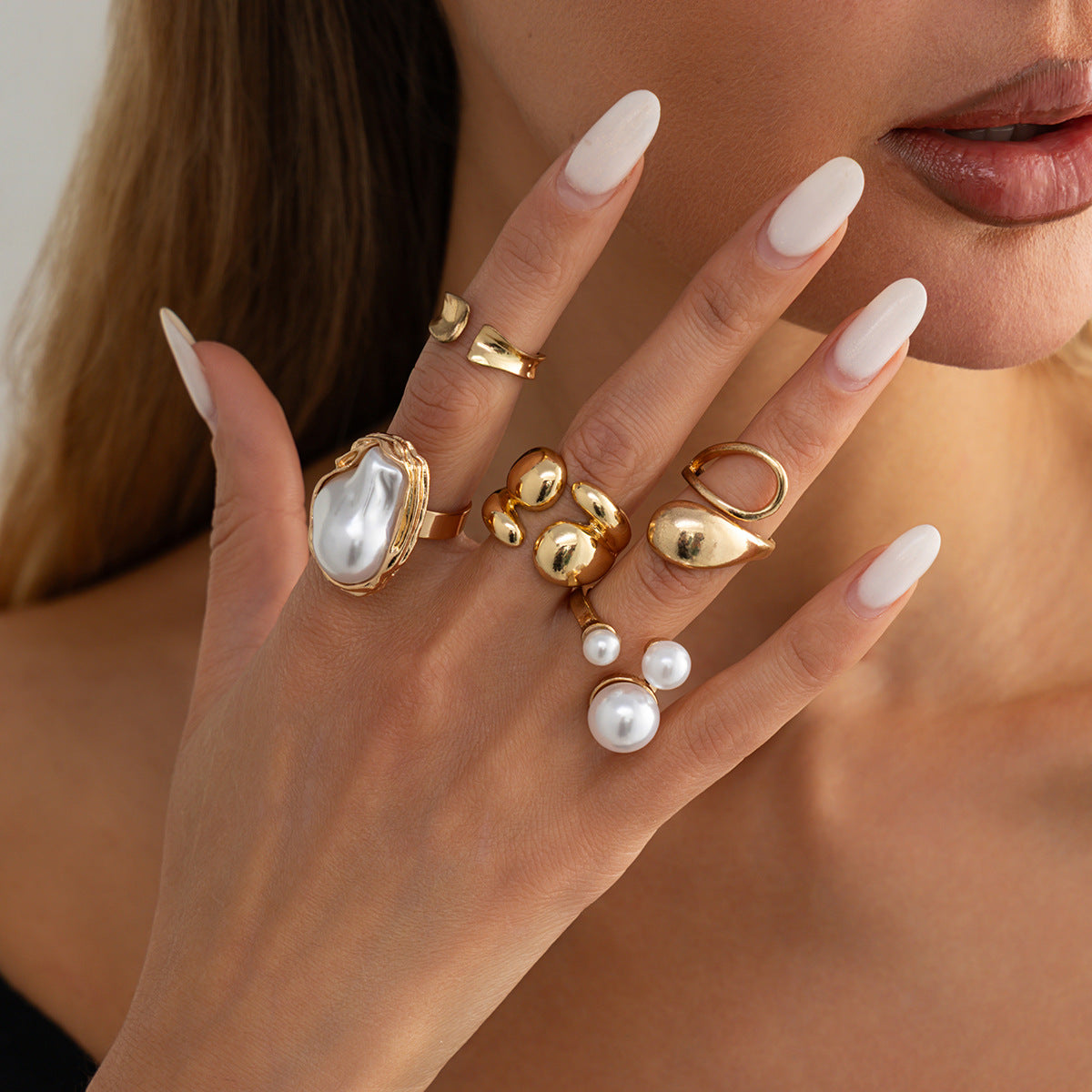 Elegant Baroque Faux Pearl Teardrop Oval Alloy Plated Open Joint Ring Set for Women