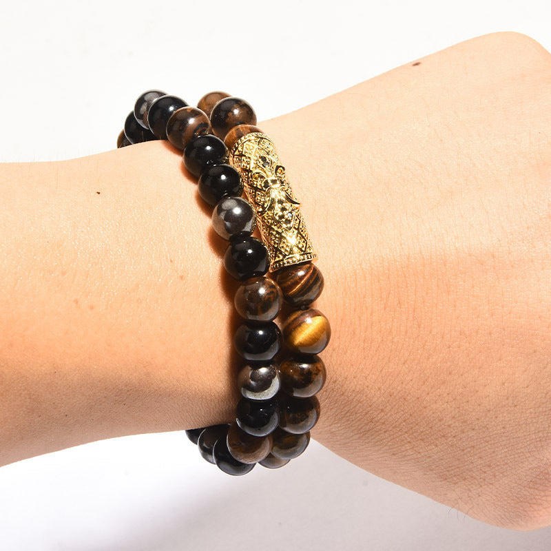Business Crown Shape Brass Inlay Agate Rhinestone Unisex Bracelet Set