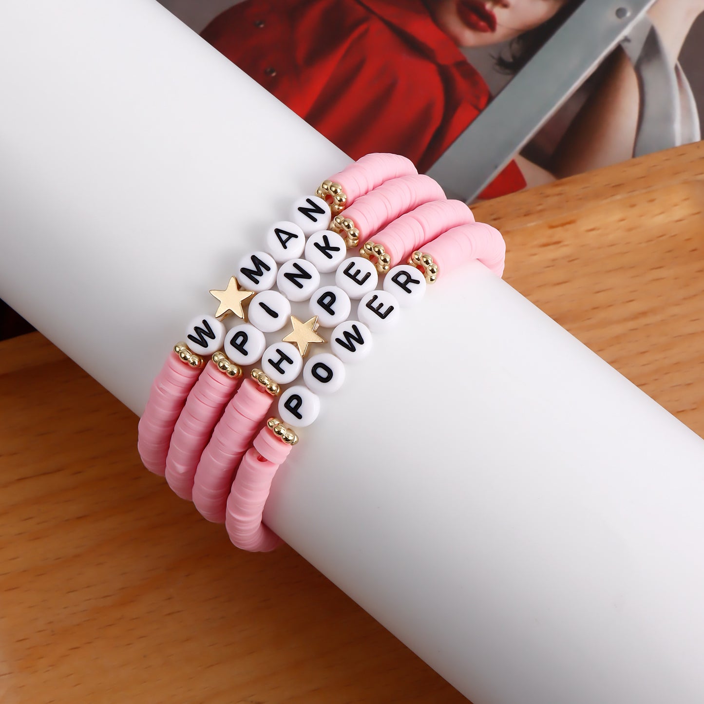 Pulsera de arcilla polimérica con letras, estilo geométrico, con acabado chapado para mujer