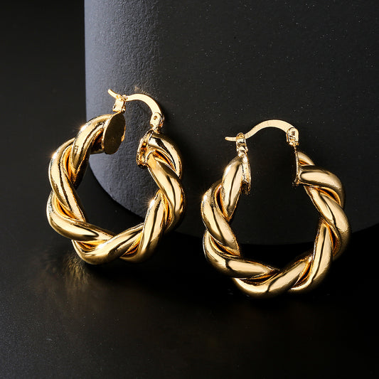 Pendientes Geométricos Grandes Vintage de Cobre con Baño de Oro Real e Incrustaciones de Circones para Mujer