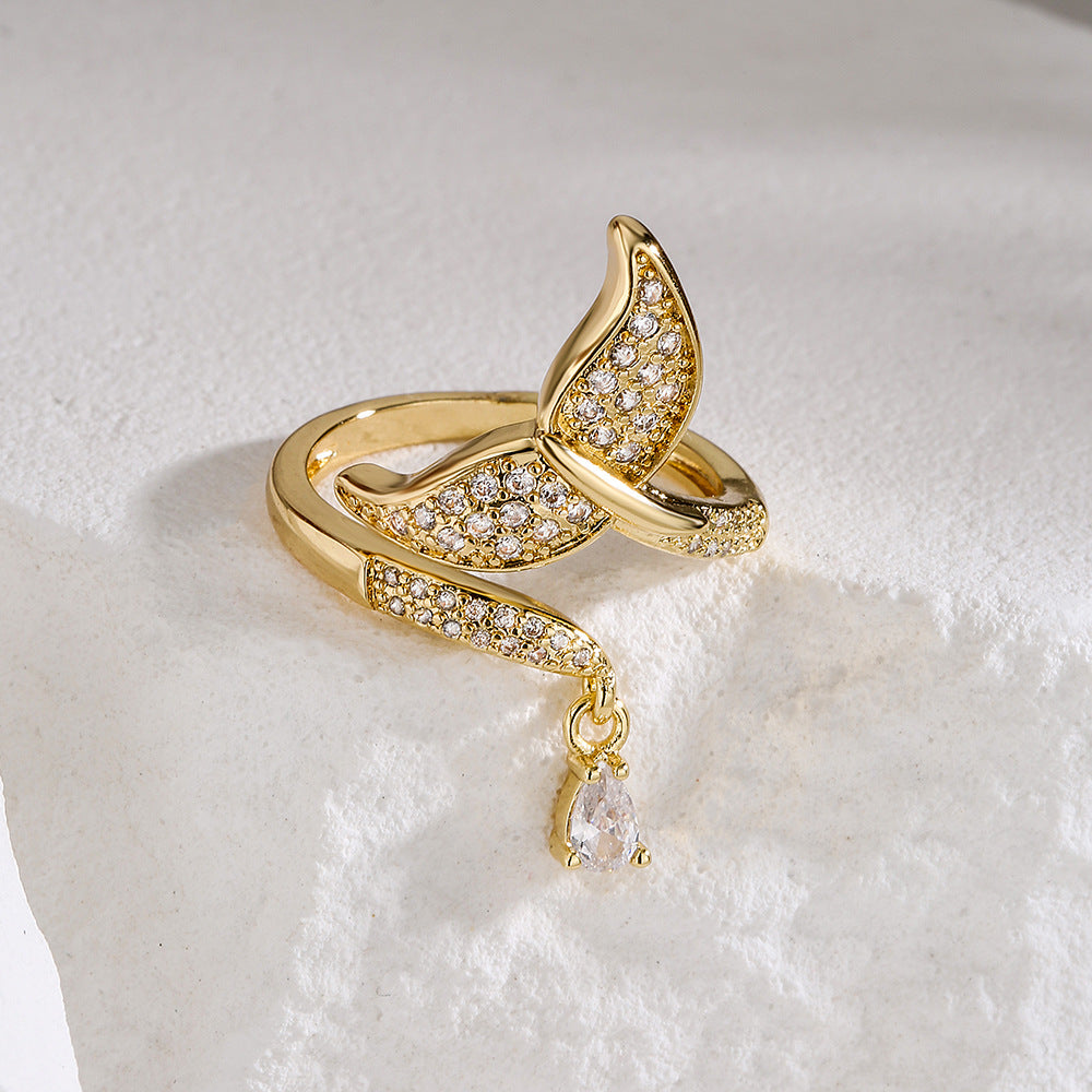 Geometric Butterfly Open Ring for Women in Copper with 18K Gold Plating and Zircon Inlay