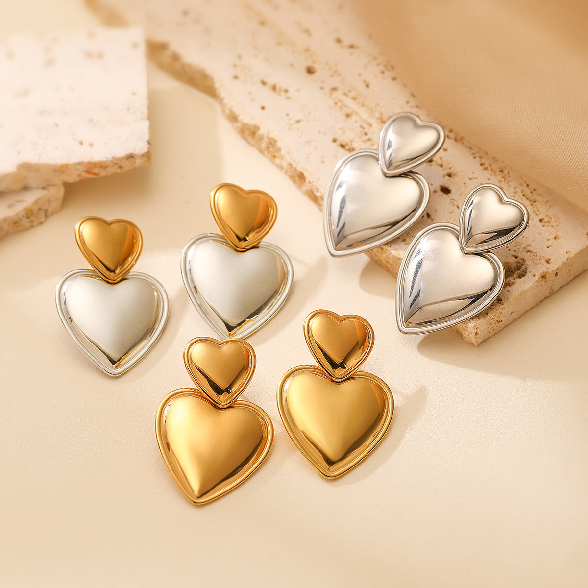 Minimalist Heart-Shaped Polished Stainless Steel Earrings for Women with Gold Plating