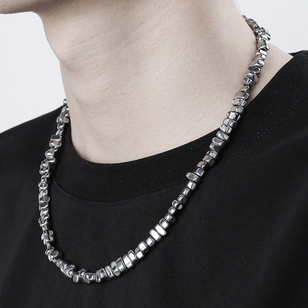 Geometric Black Obsidian Beaded Necklace for Men with Stainless Steel O-Chain and Handcrafted Details