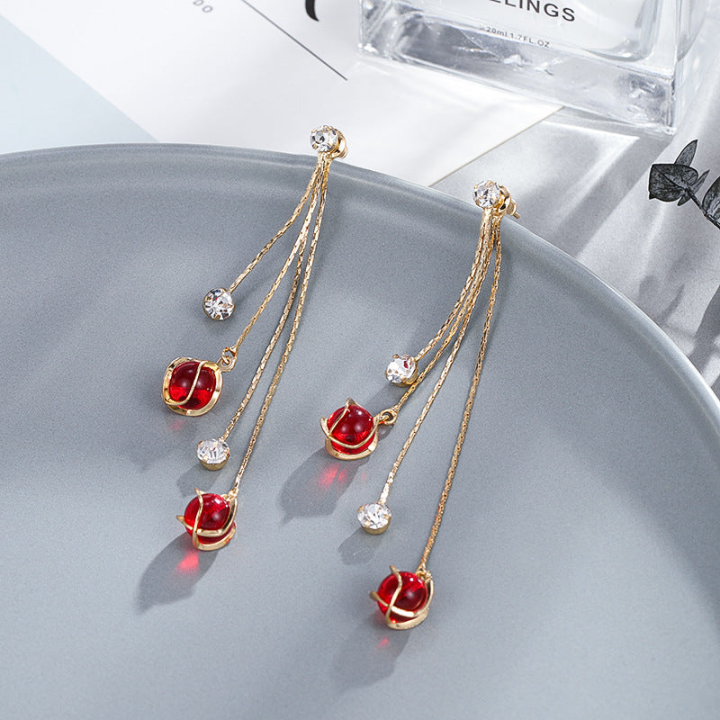 Sweet Geometric Rhinestone and Pearl Cherry Tassel Earrings for Women
