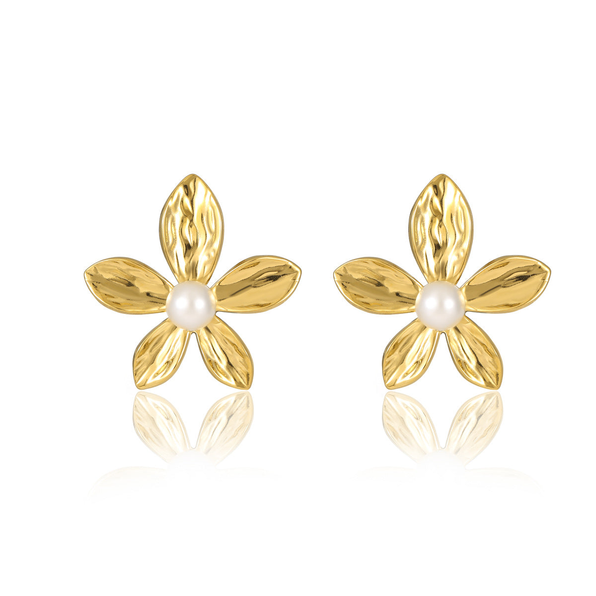 Pendientes de botón con forma de pétalo, incrustaciones de perlas, de acero inoxidable a la moda para mujer con acabado chapado