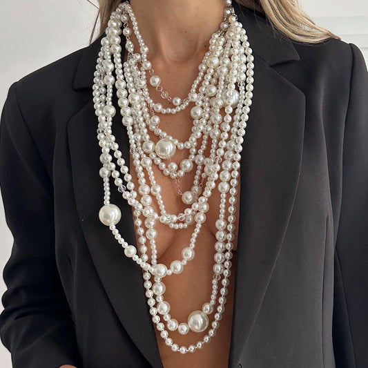 Exaggerated Geometric Faux Pearl Multi-layer Long Handmade Beaded Necklace for Women