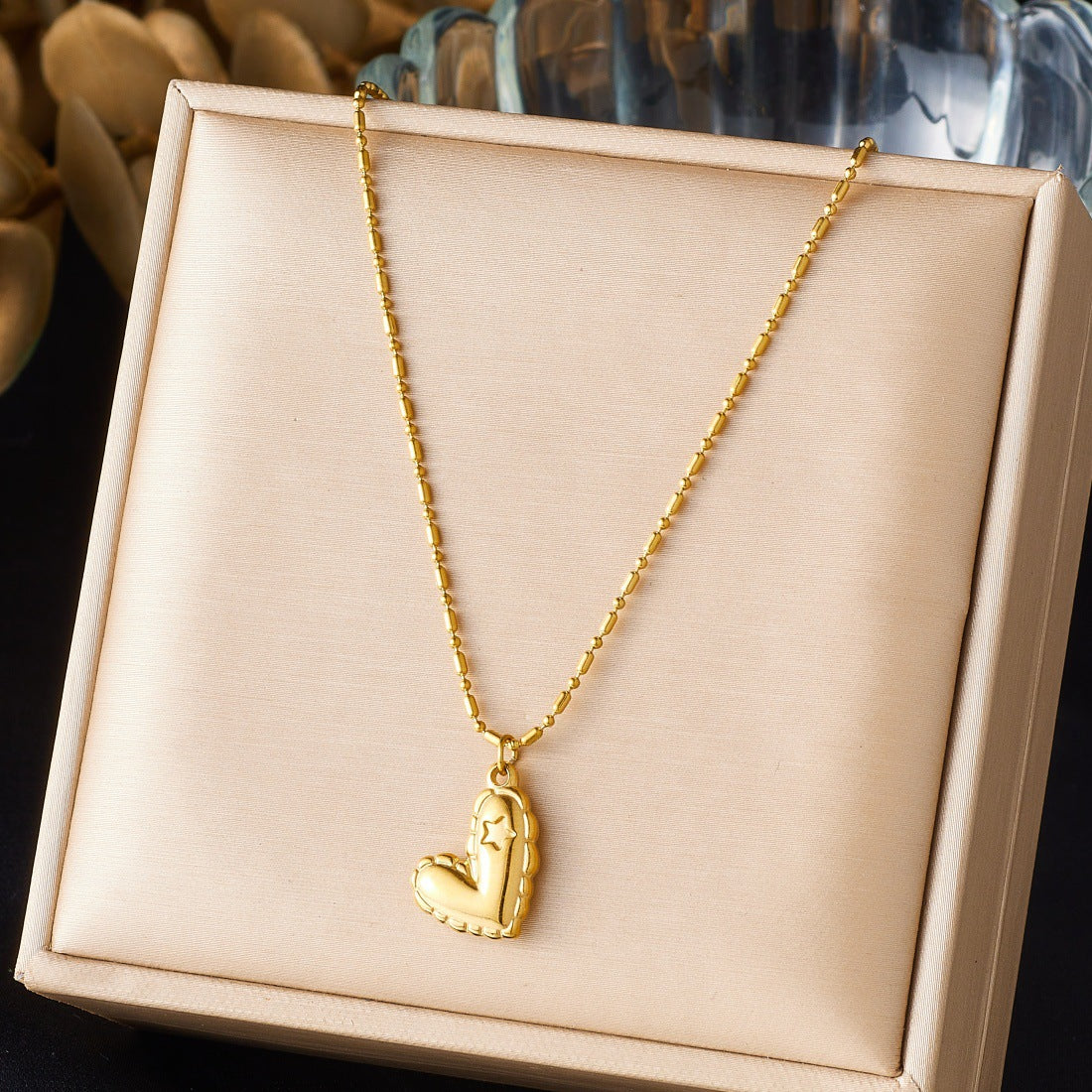 Minimalist Sweet Gold Plated Heart Stainless Steel Necklace Ball Chain