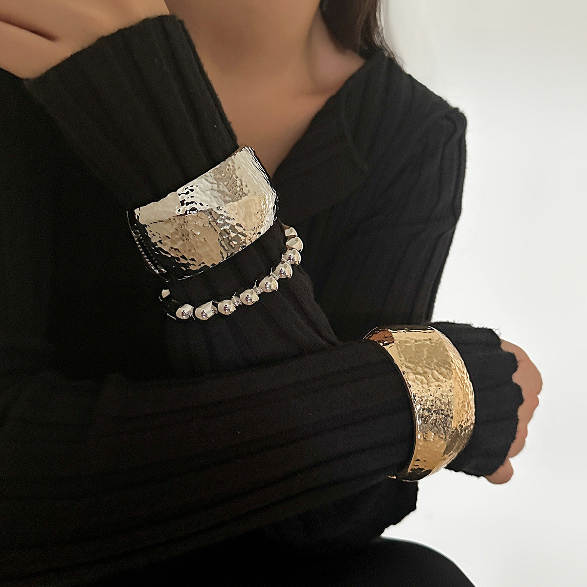 Elegant Oval Beaded Plated Alloy Wide Cuff Bracelet Set