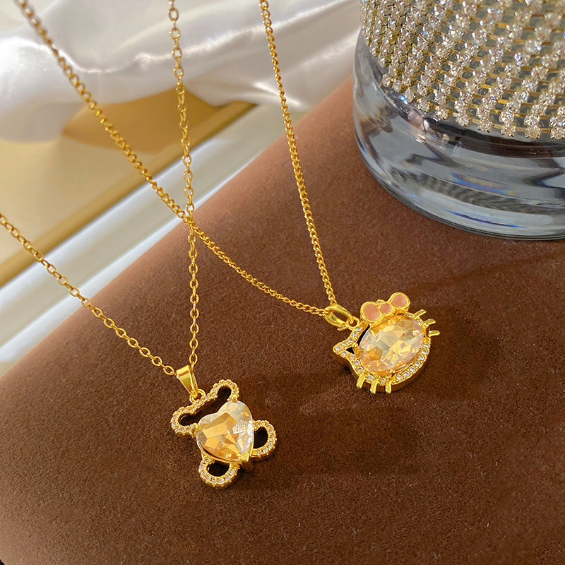 Sweet Heart Animal Rhinestone Plated Titanium Steel Necklace with Brass Pendant Cable Chain