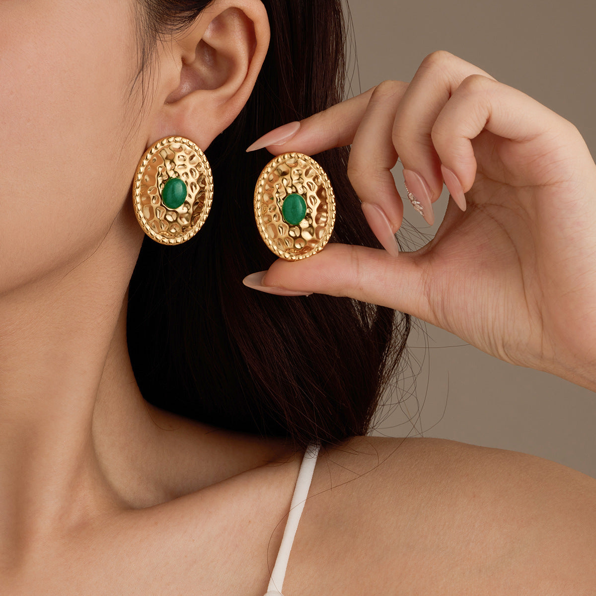 Pendientes de Acero Inoxidable con Textura Ovalada de Estilo Vintage con Incrustaciones de Piedra Natural para Mujer