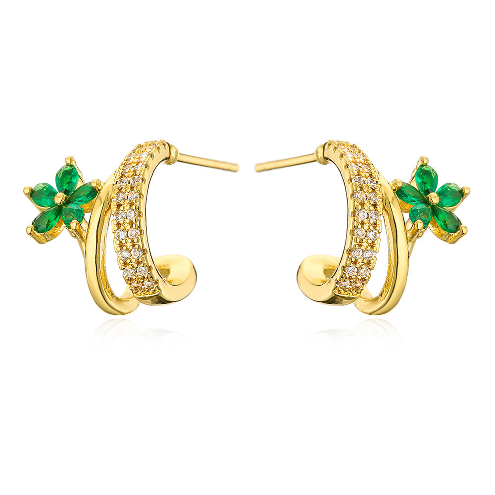 Minimalist Geometric Flower Stud Earrings for Women Made of Copper with 18K Gold Plating and Zircon Inlay