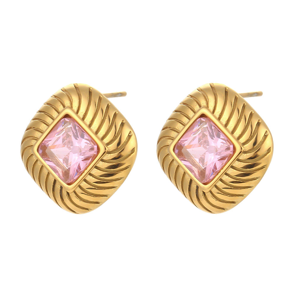 Pendientes de rombo geométricos de acero inoxidable de moda con baño de oro de 18 quilates e incrustaciones de circonitas para mujer