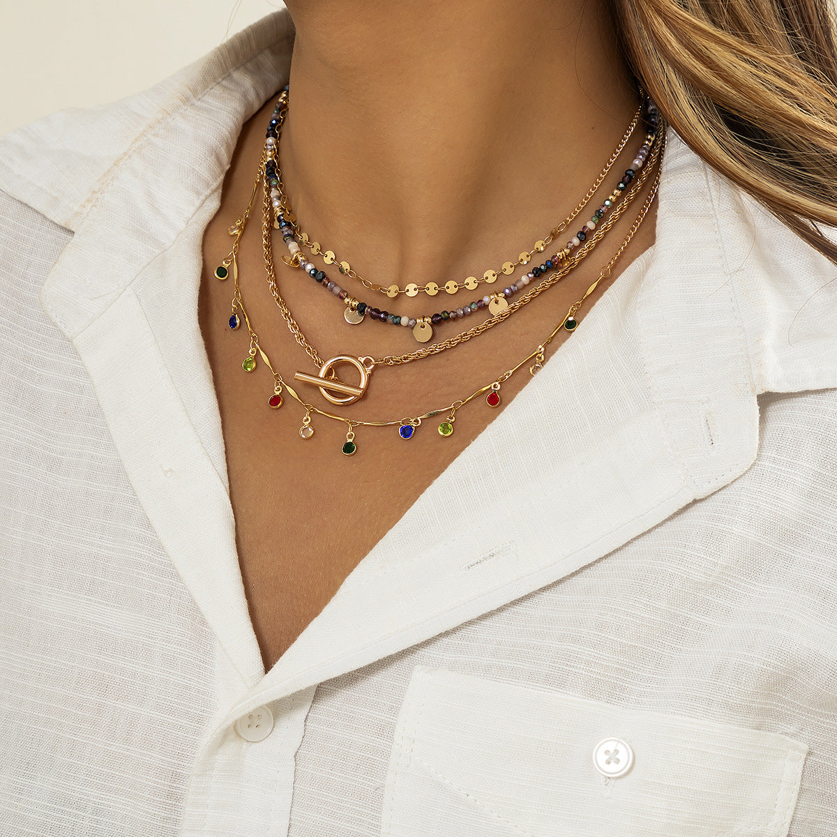 Collana Pendente Etnico Geometrico Vintage con Nappa e Dettagli Perlinati su Catena Serpentina in Lega Placcata Oro da Donna