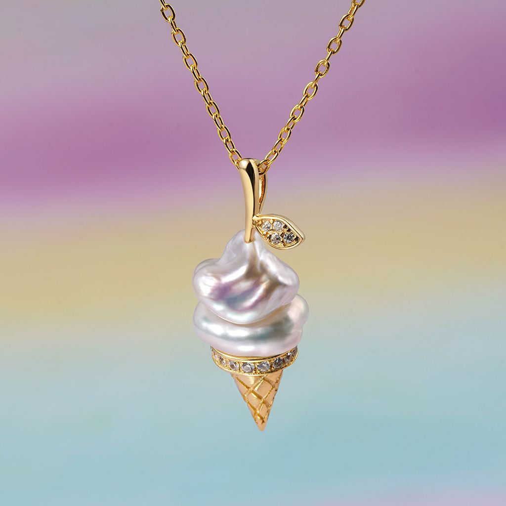 Cute Ice Cream Shaped Geometric Pendant Necklace for Women with Plated Copper Chain and Fresh Sweet Style