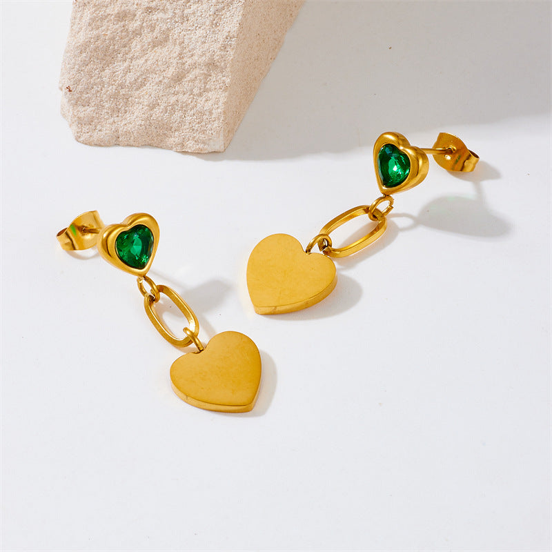 Minimalist Vintage Heart-Shaped Titanium Steel Gold-Plated Pendant Earrings with Rhinestone Inlay