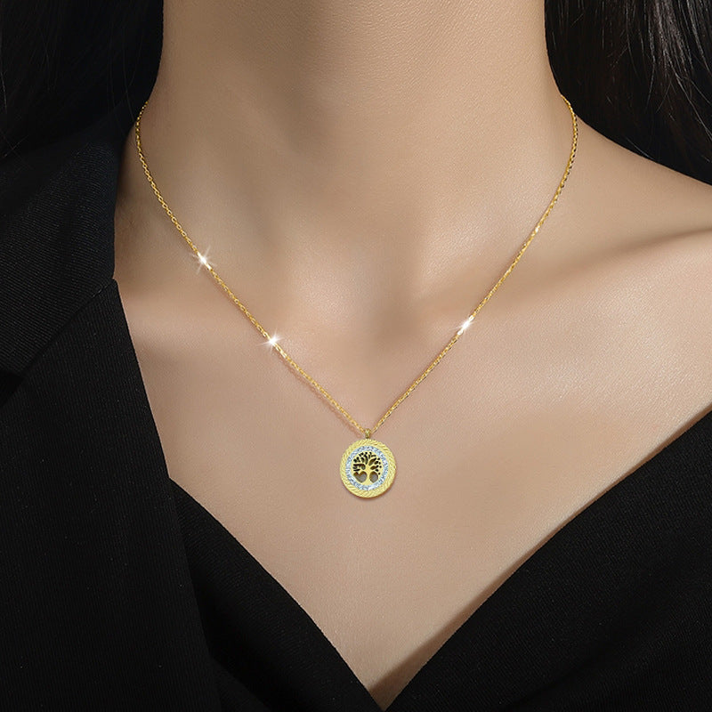 Collana pendente con albero della vita minimalista da donna in acciaio al titanio con placcatura in oro, delicata catena per clavicola
