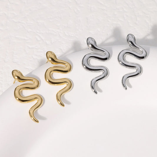 Minimalist Snake-Shaped Stainless Steel Stud Earrings with Plated Finish for Women and Men