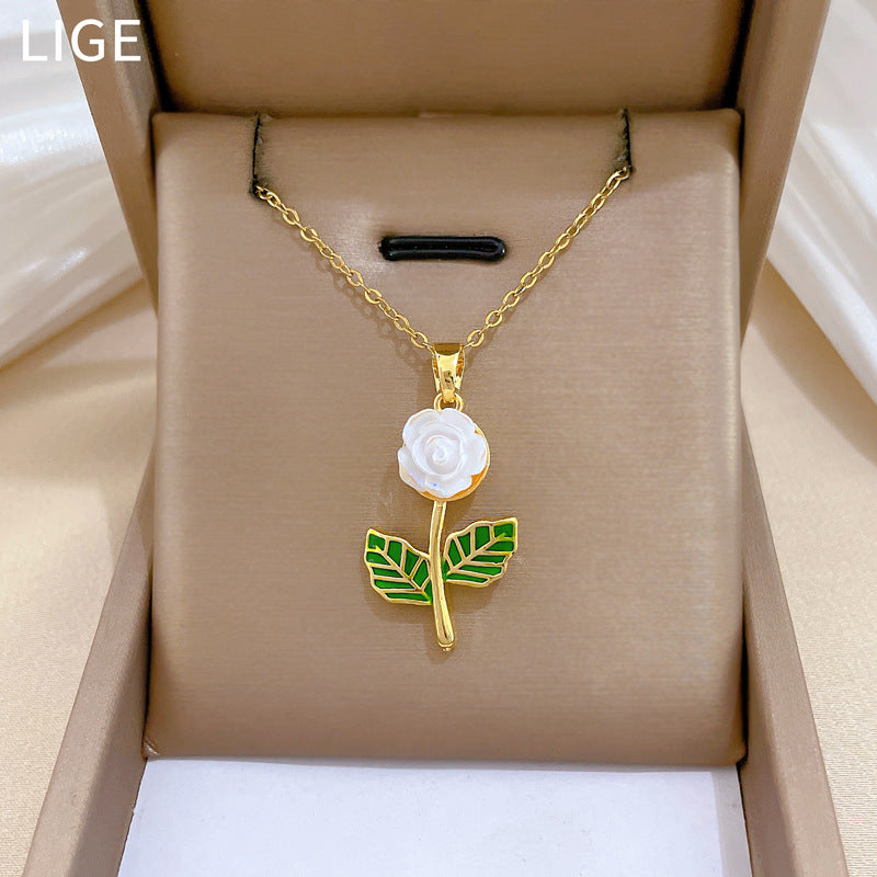 Sweet Elegant Drip Oil Floral Moon Rhinestone Pendant Necklace Titanium Steel Cable Chain for Unisex
