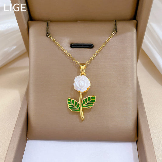 Sweet Elegant Drip Oil Floral Moon Rhinestone Pendant Necklace Titanium Steel Cable Chain for Unisex