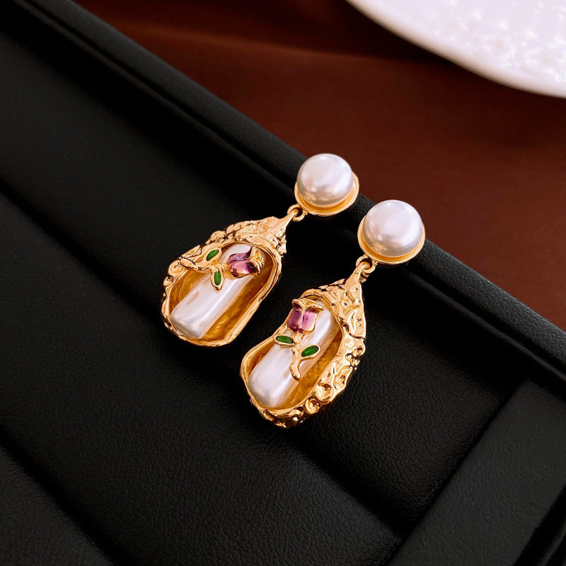 Vintage Floral and Geometric Enamel Earrings for Women with Gold-Plated Brass Base and Stainless Steel Posts