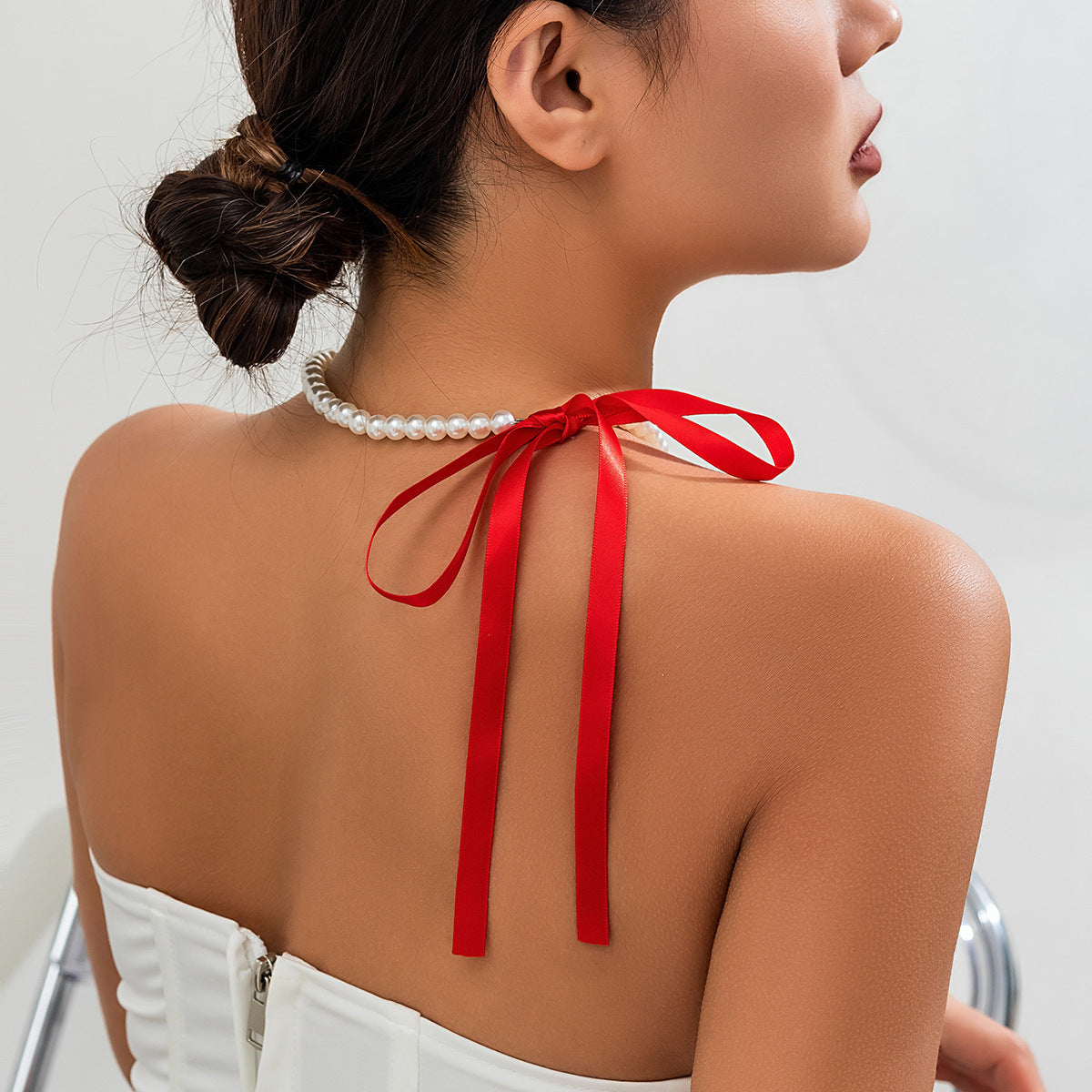 Vintage Imitation Pearl Bow Geometric Ball Chain Necklace for Women DIY Charm Bar