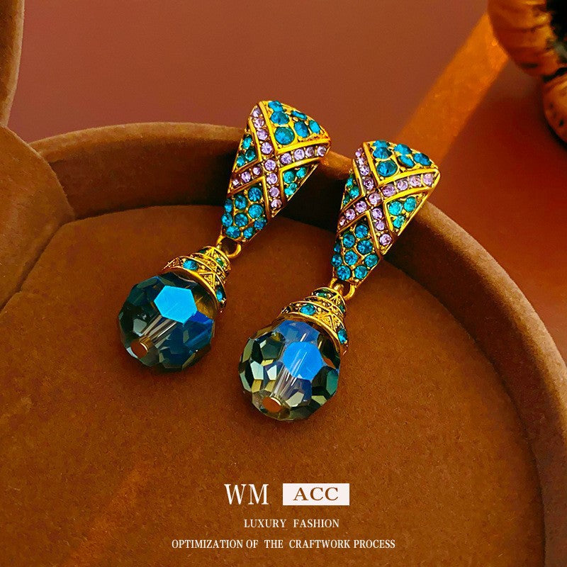 Vintage-Style Geometric Drop Earrings with Rhinestone Inlay in Plated Copper and Stainless Steel Posts for Women