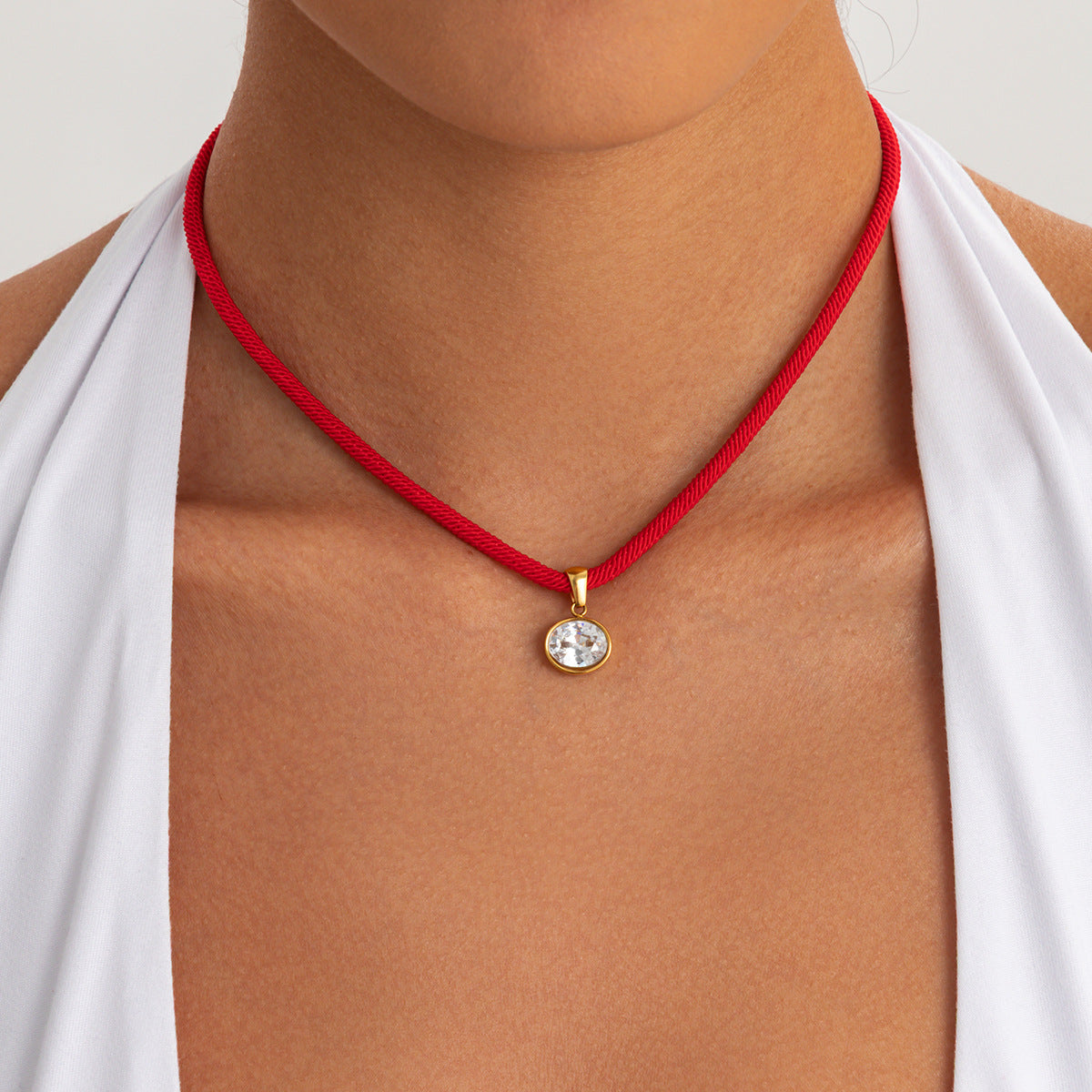 Luxury Elegant Geometric Oval Cubic Zirconia Inlay PVD Stainless Steel Necklace for Women