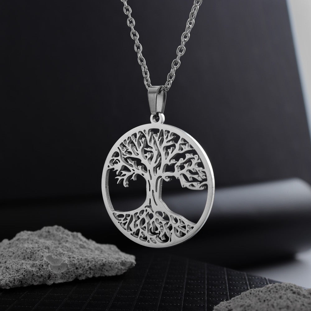 Minimalist Hollow Tree of Life Pendant Necklace for Women and Men in Stainless Steel with Titanium Steel Charm and Plated Finish