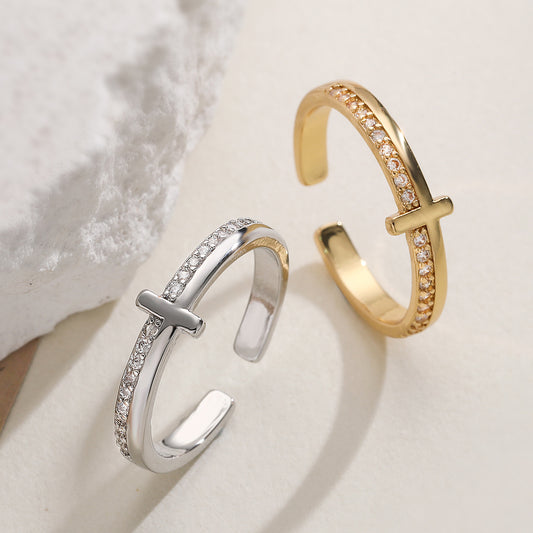 Minimalist 18K Gold Plated Brass Cross Ring with Cubic Zirconia for Women