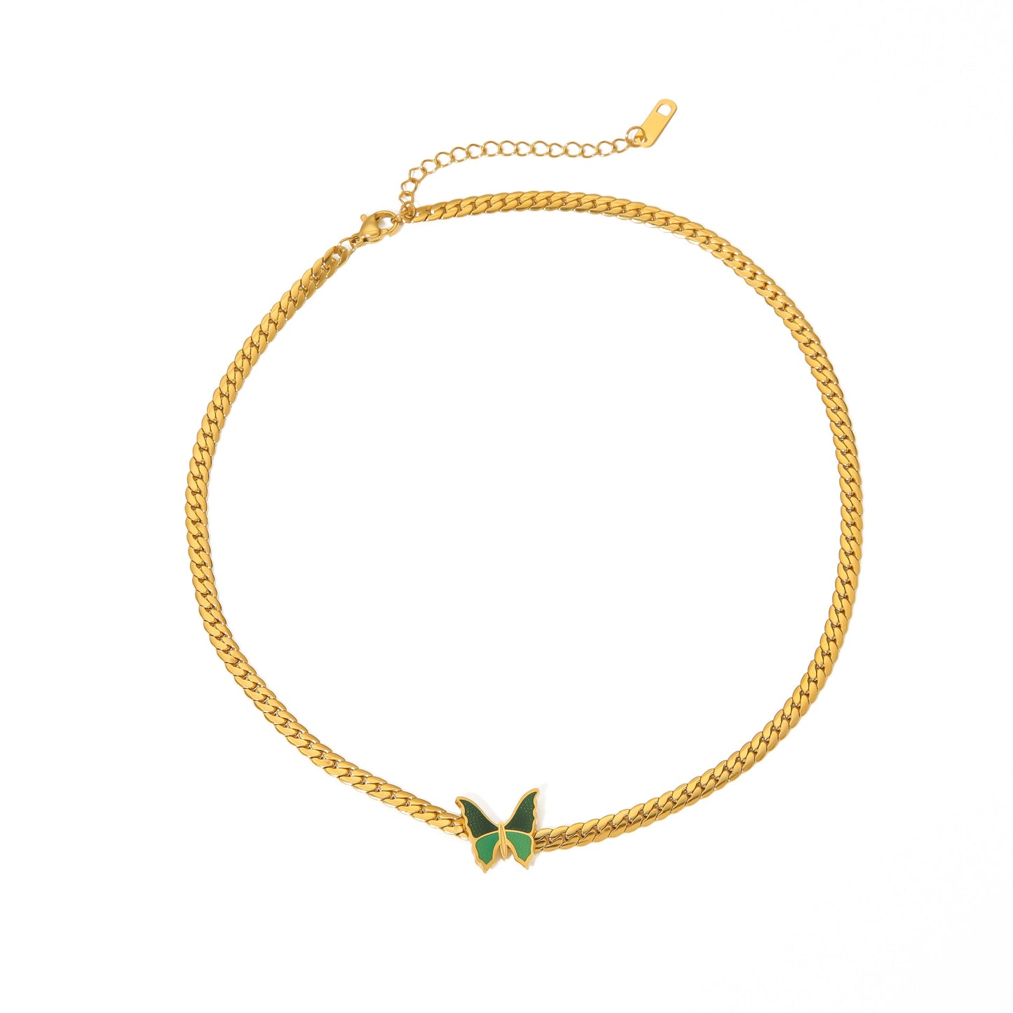 Vintage French Style Green Butterfly Pendant Necklace in Stainless Steel with 18K Gold Plating on Snake Chain for Women