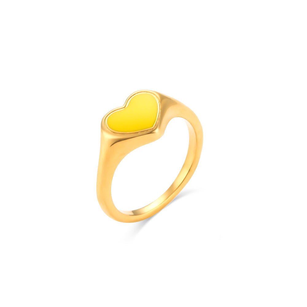 Minimalist Heart-Shaped Black Enamel Stainless Steel Plated 18K Gold Ring for Women