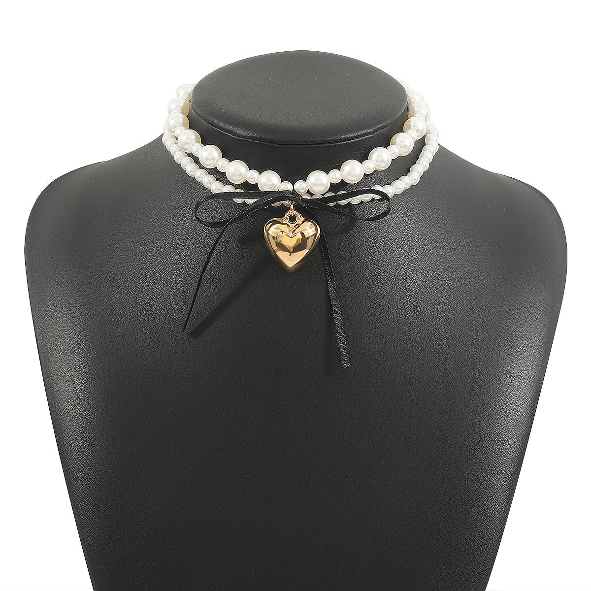 Sweet and Edgy Heart-Shaped Imitation Pearl Pendant Necklace with Satin Ribbon Bow and Double-Layer Design for Women