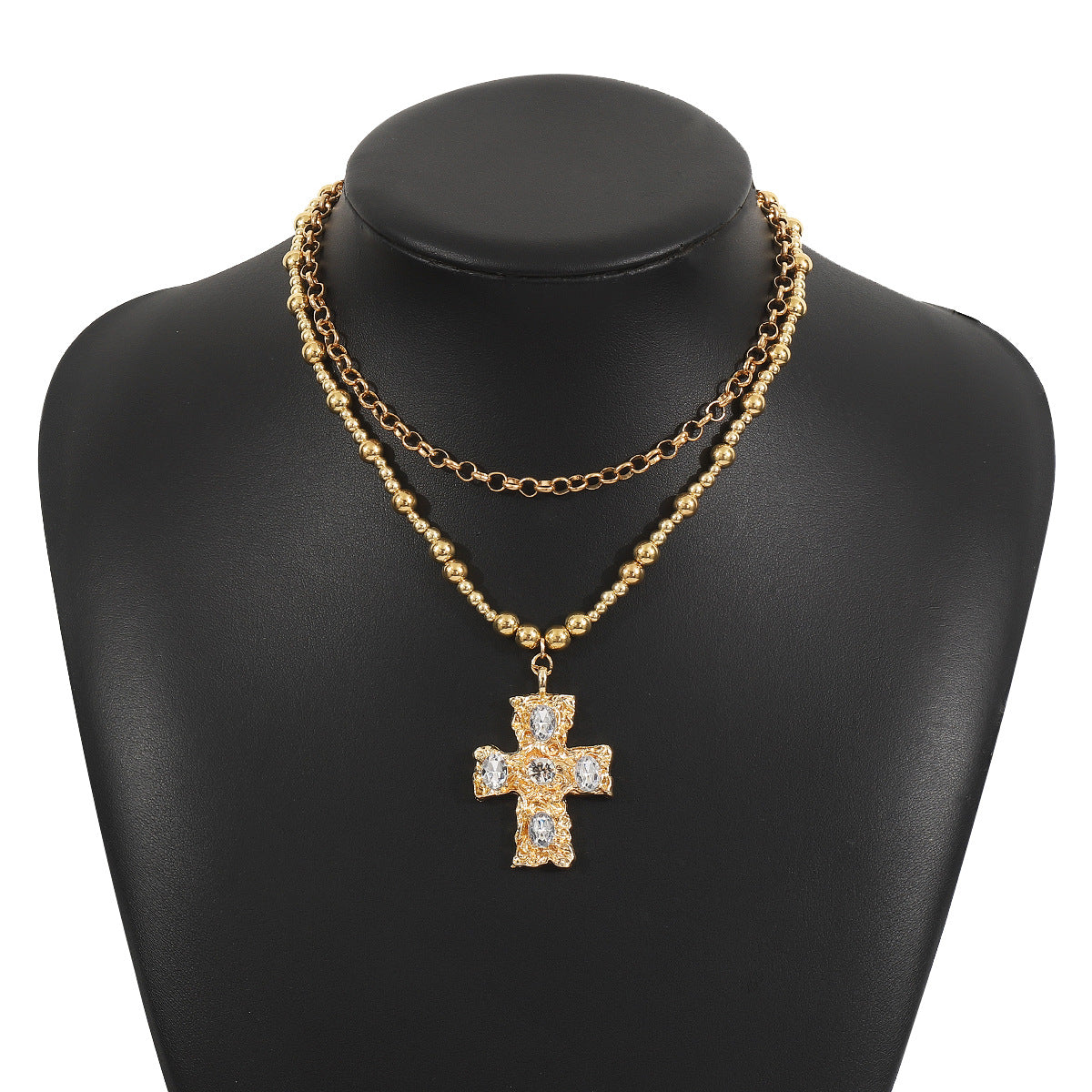 Collar con colgante de cruz vintage artístico minimalista para mujer, de aleación con incrustaciones de diamantes de imitación en cadena de bolas