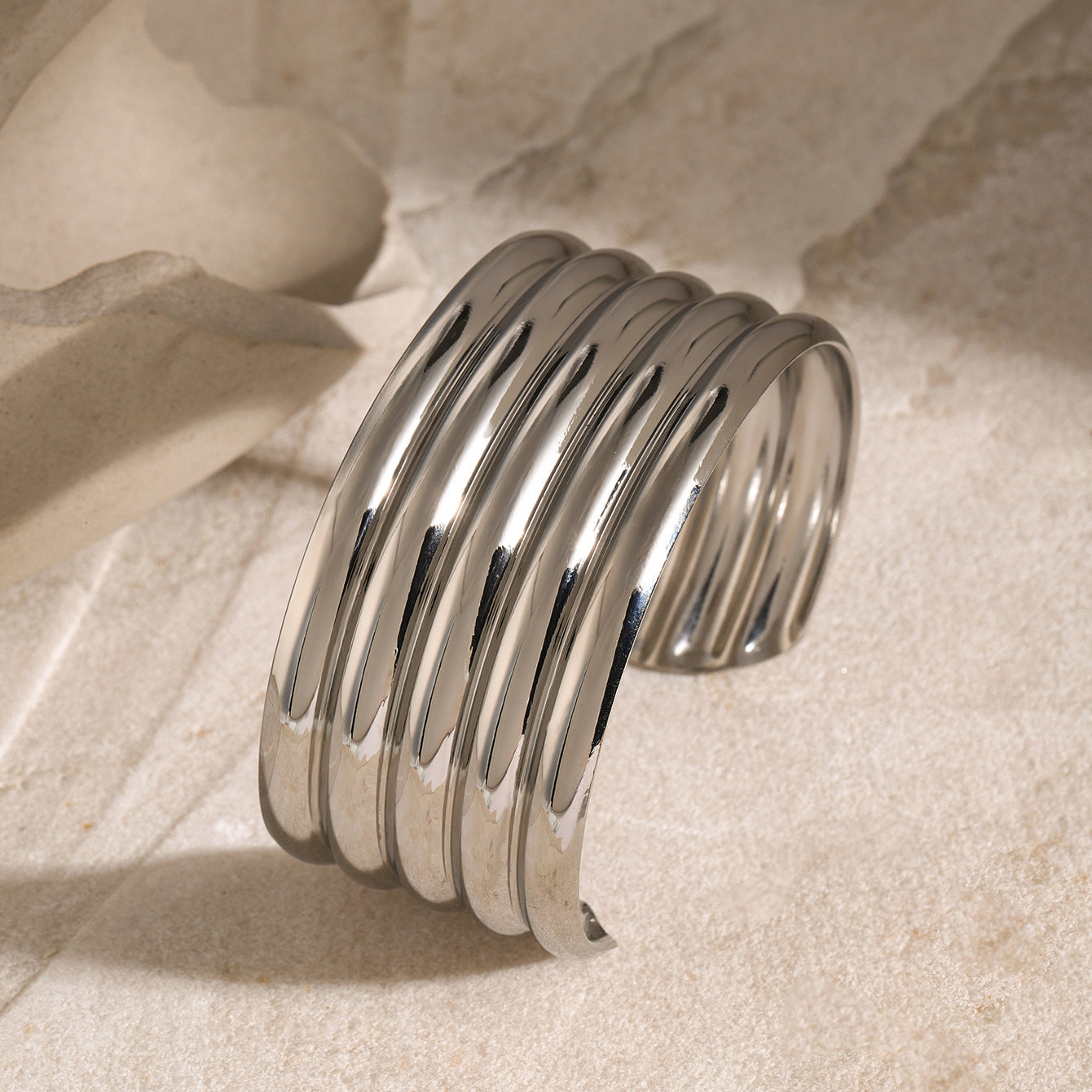 18K Gold Plated Geometric Stainless Steel Smooth Open Cuff Bracelet