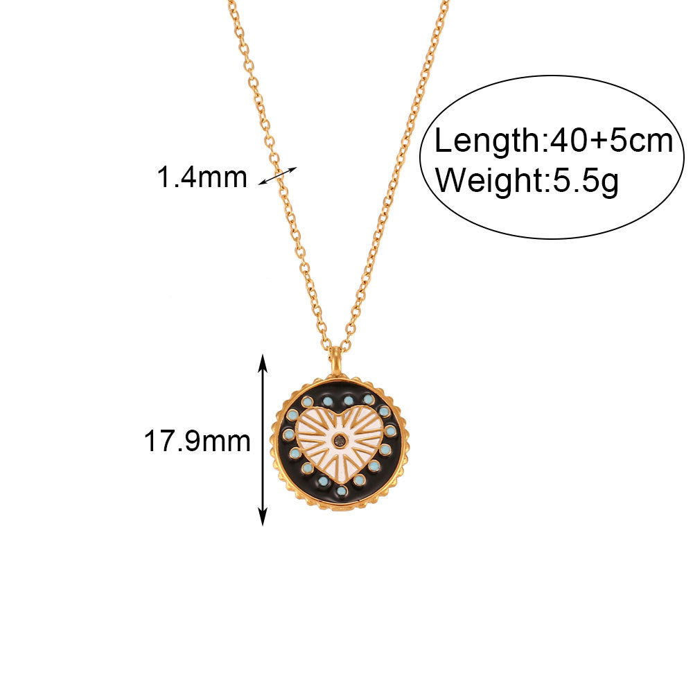 Collana girocollo con ciondolo a moneta a forma di cuore smaltato a pois fronte-retro in acciaio inossidabile da donna, stile minimalista
