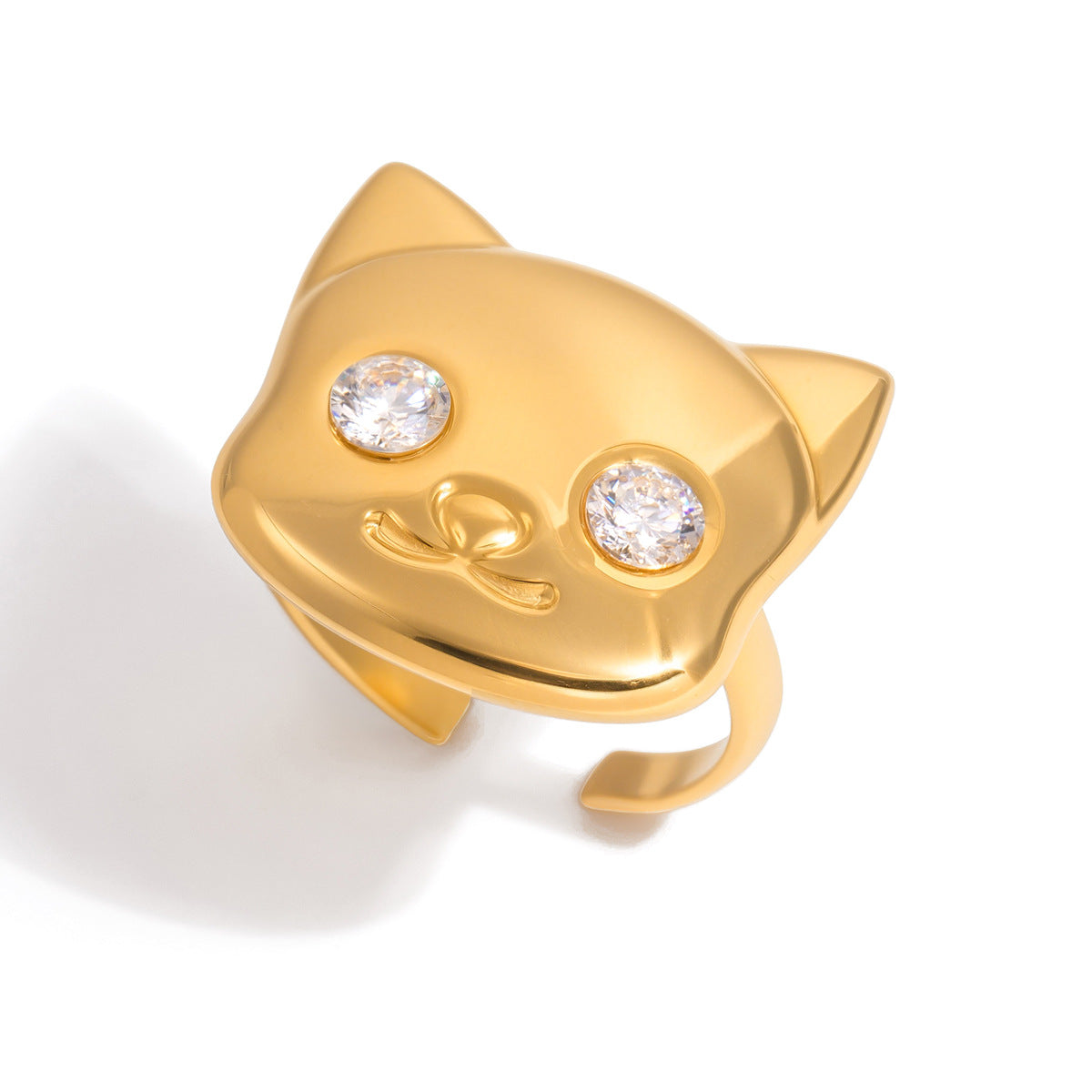 Anello a forma di gatto in acciaio al titanio geometrico con intarsio in zirconia per donna, anello di lusso placcato in oro PVD sottovuoto