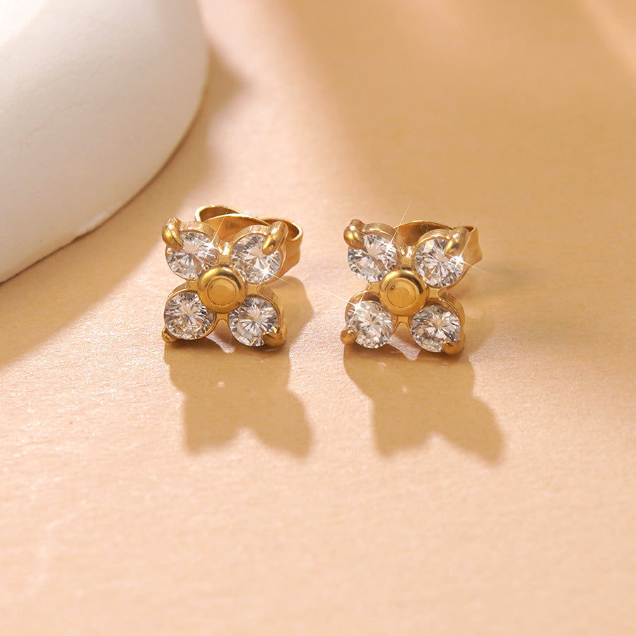 Elegant Floral Cubic Zirconia Inlaid Plated Stainless Steel Earrings for Women