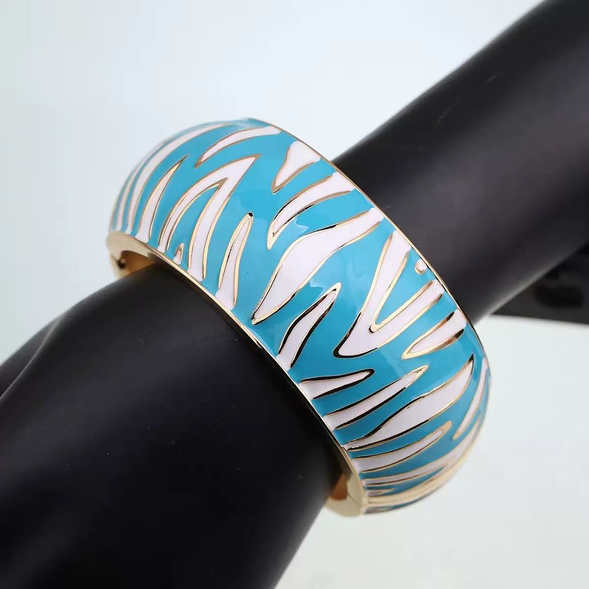 Punk Geometric Zebra Print Enamel Drip Oil Alloy Wide Cuff Bracelet for Women