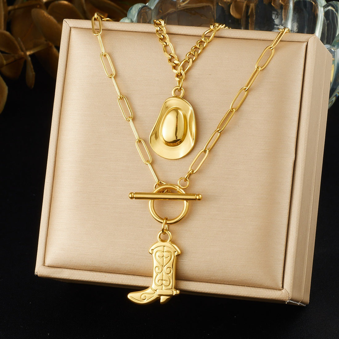 Vintage Western Cowboy Gold Plated Stainless Steel Double Layer Hat and Boot Pendant Necklace with OT Clasp for Women