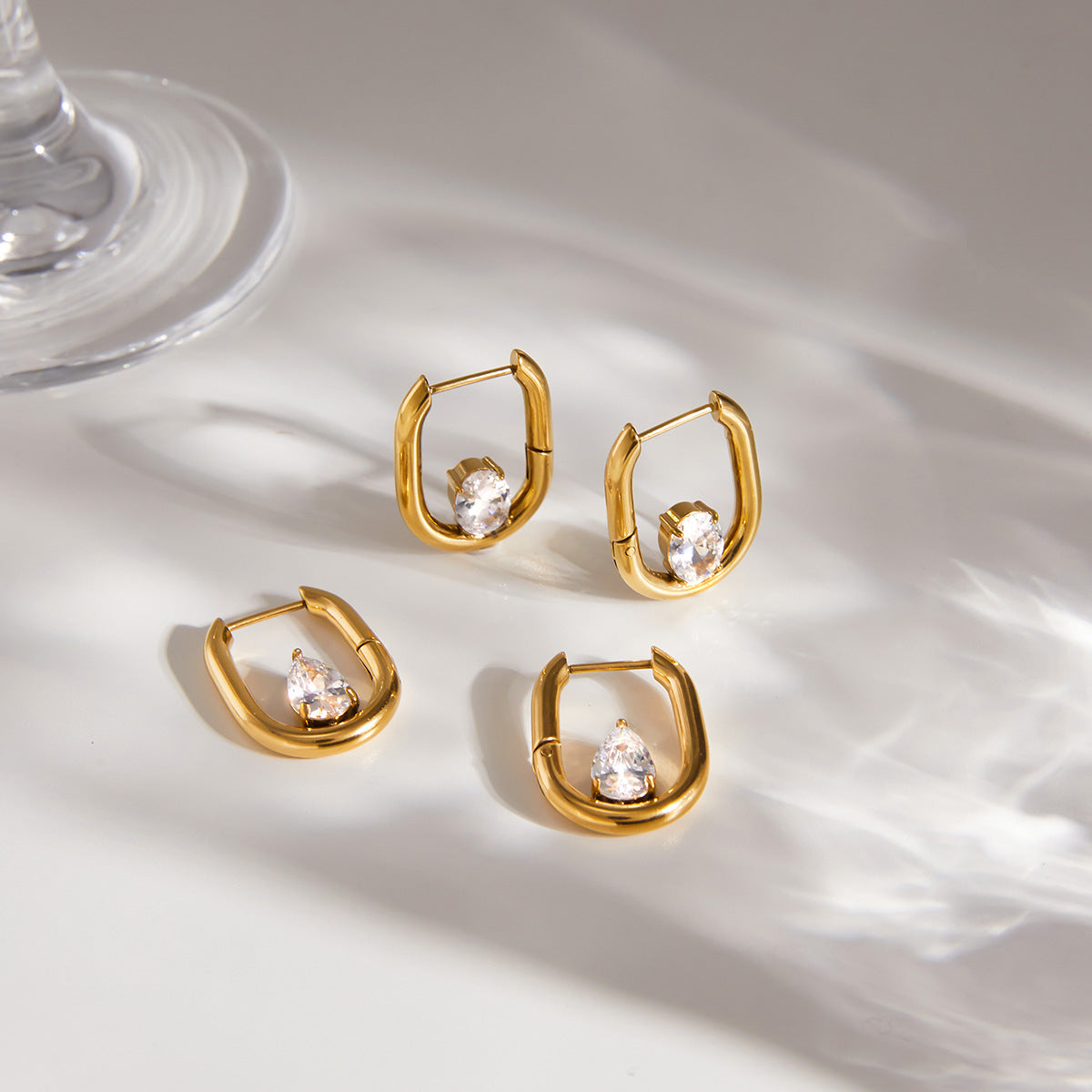 Minimalist Geometric Oval PVD Stainless Steel Hoop Earrings with Cubic Zirconia for Women