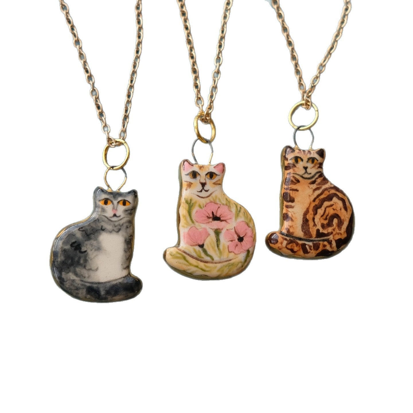 Cute Cat Cartoon Ceramic Drip Oil Plated Stainless Steel Charm Bar Pendant