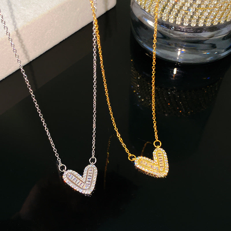 Sweet Sporty Heart Titanium Steel Gold Plated Necklace with Cubic Zirconia Brass Pendant Cable Chain Unisex