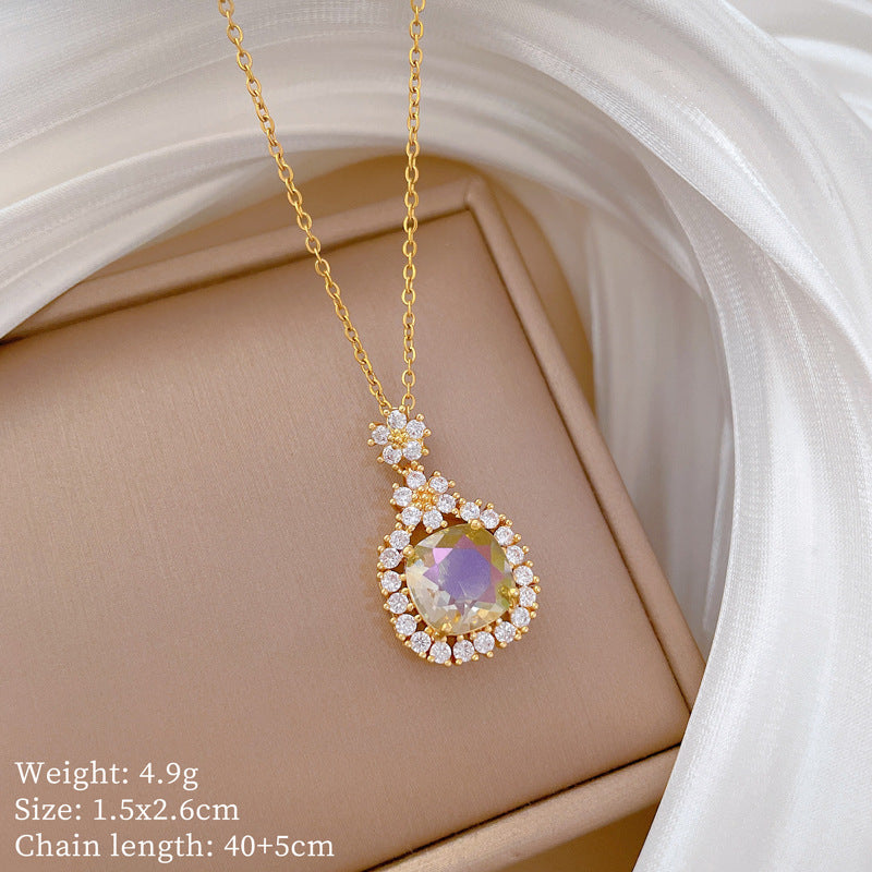 Cartoon Style Floral Pendant Necklace for Women and Men Stainless Steel Delicate Clavicle Chain with Full Rhinestone Accents