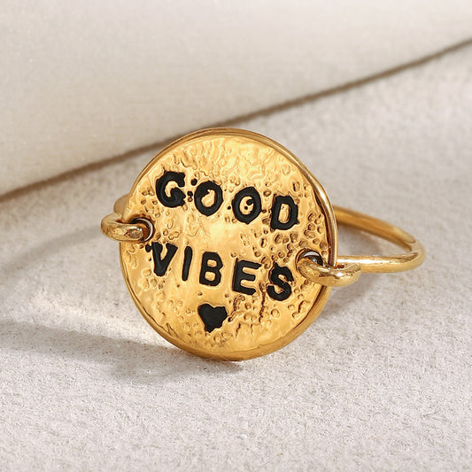 Anello rotondo con lettera placcato oro 18 carati in acciaio inossidabile, stile vintage francese minimalista, da donna