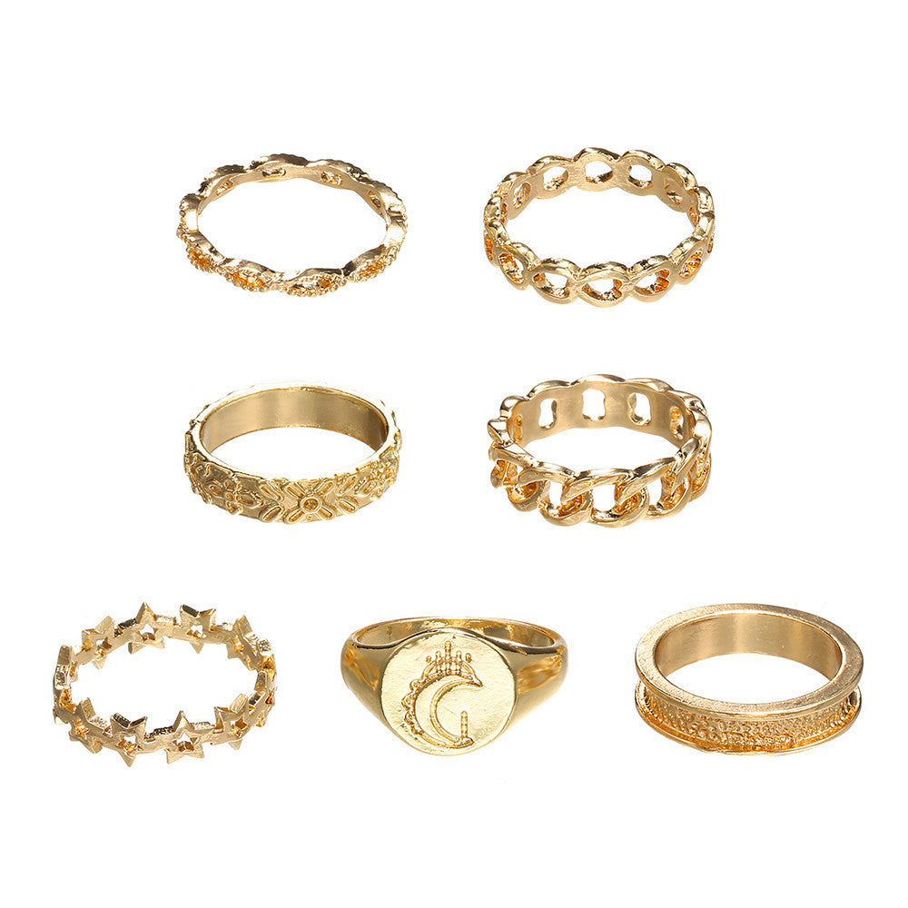 Minimalist Casual Geometric Star Moon Hollow Plated Alloy Ring Set for Women