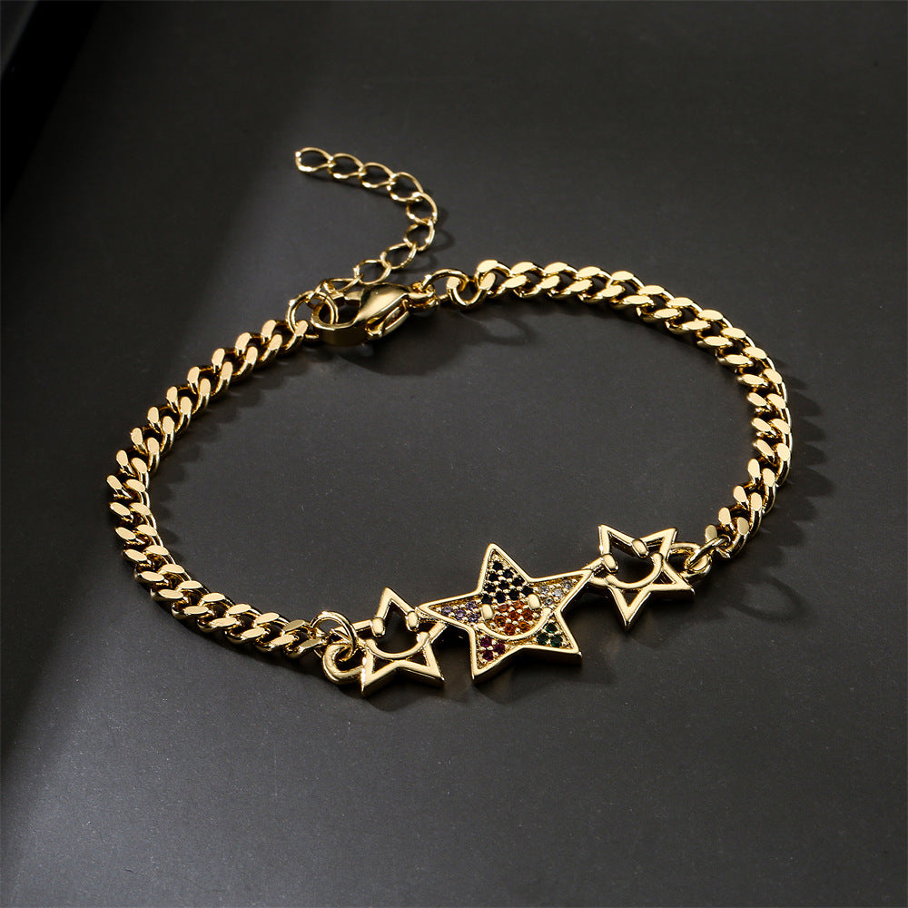 Gold Plated Brass Micro-Inlaid Cubic Zirconia Star Bracelet for Women